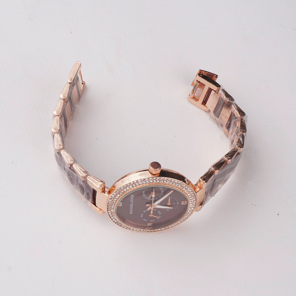 Women Chain Wrist Watch Rosegold Brown