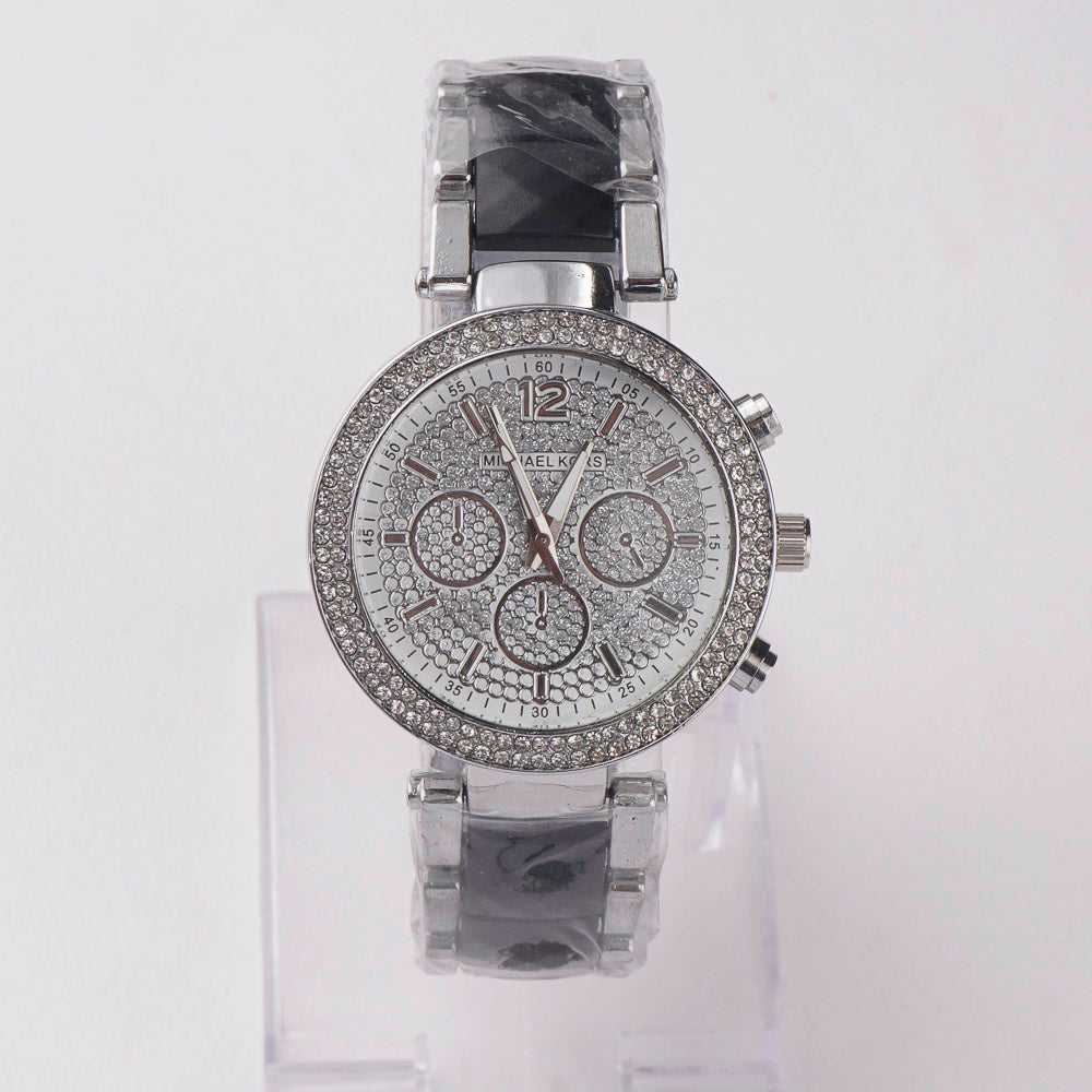 Women Chain Wrist Watch Stone Design Silver Black
