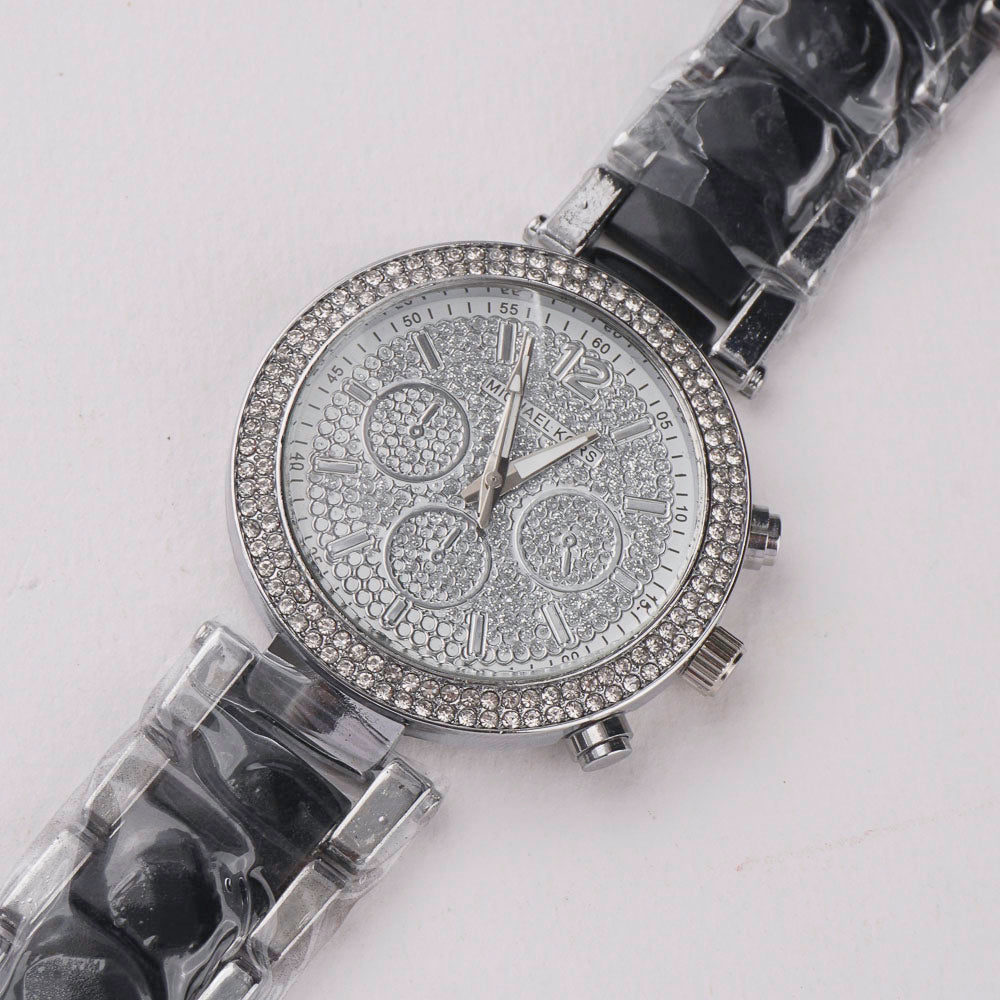 Women Chain Wrist Watch Stone Design Silver Black