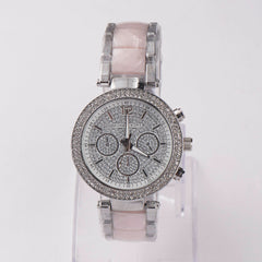 Women Chain Wrist Watch Stone Design Silver Pink