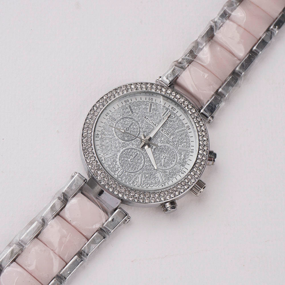 Women Chain Wrist Watch Stone Design Silver Pink