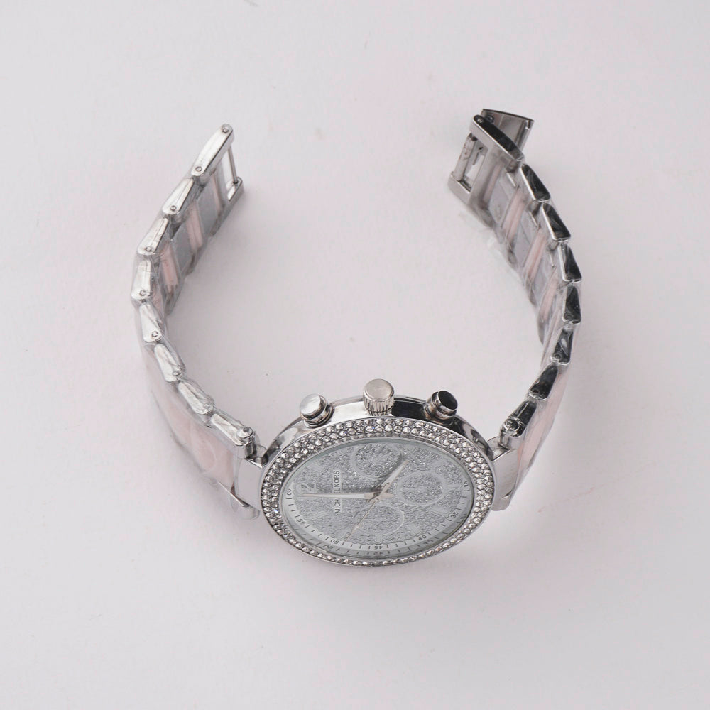 Women Chain Wrist Watch Stone Design Silver Pink