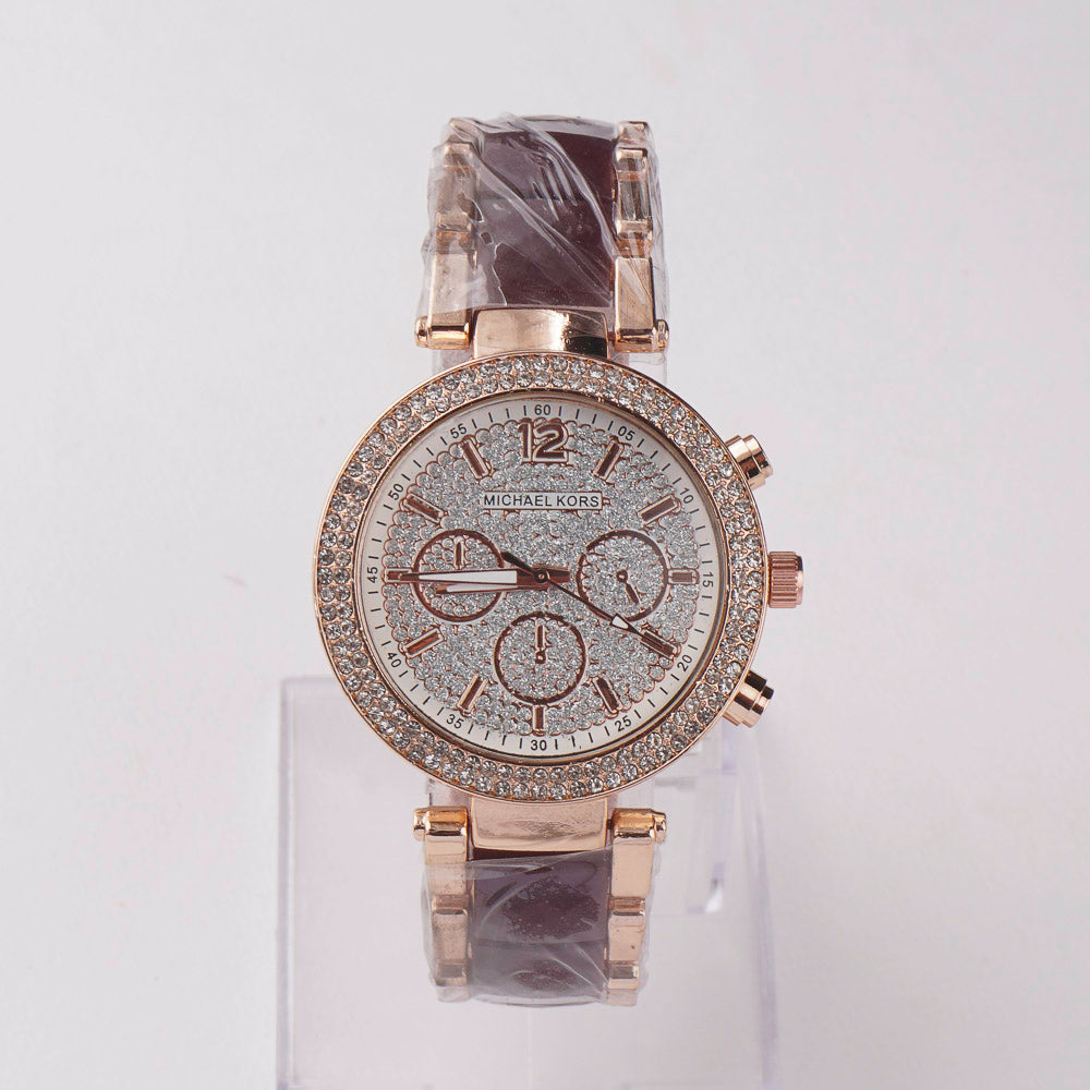 Women Chain Wrist Watch Stone Design Rosegold Brown