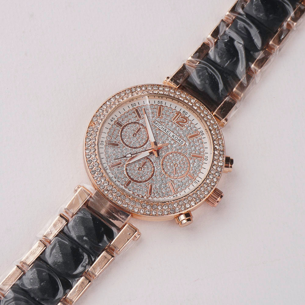 Women Chain Wrist Watch Stone Design Rosegold Black
