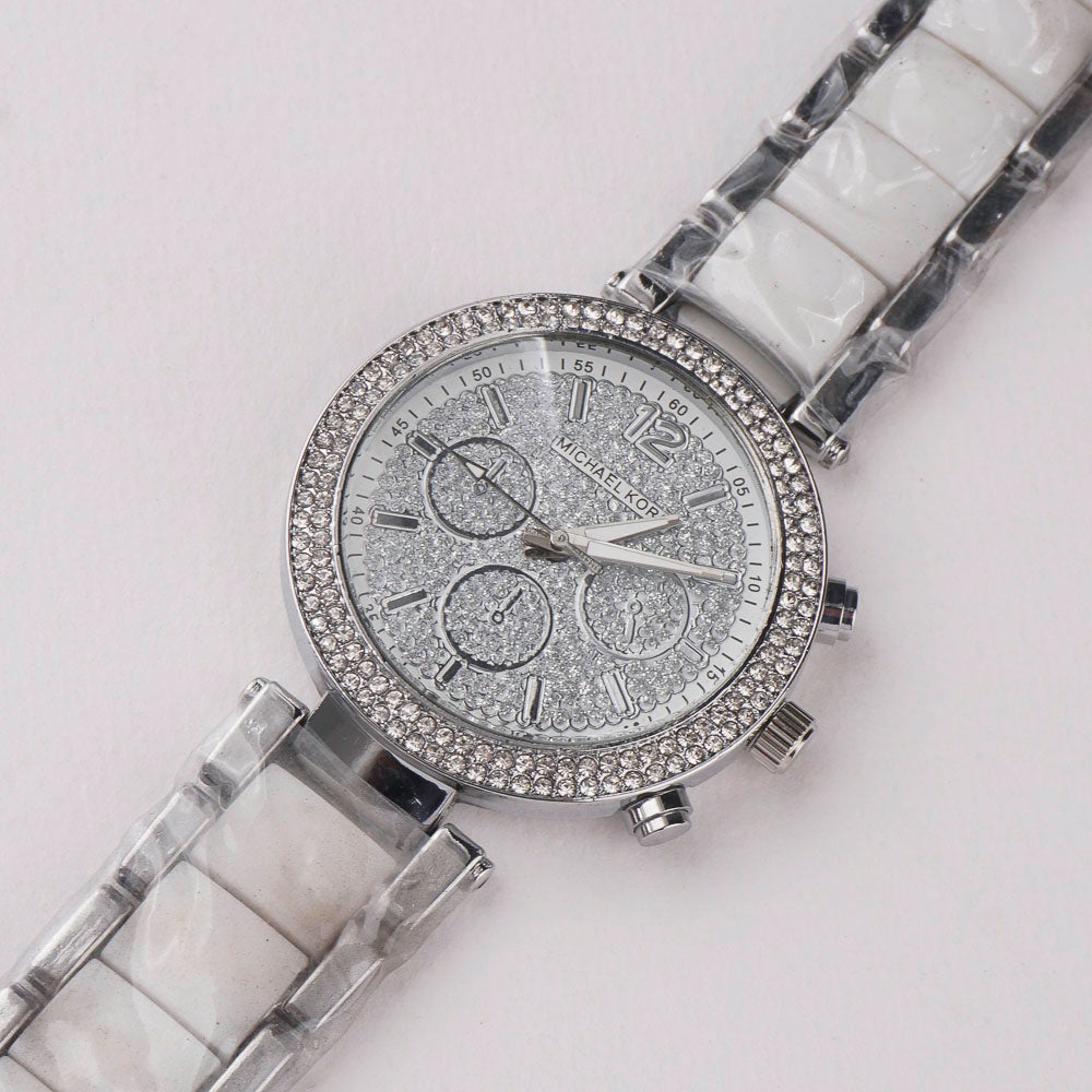 Women Chain Wrist Watch Stone Design Silver White
