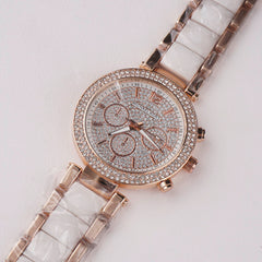 Women Chain Wrist Watch Stone Design Rosegold White