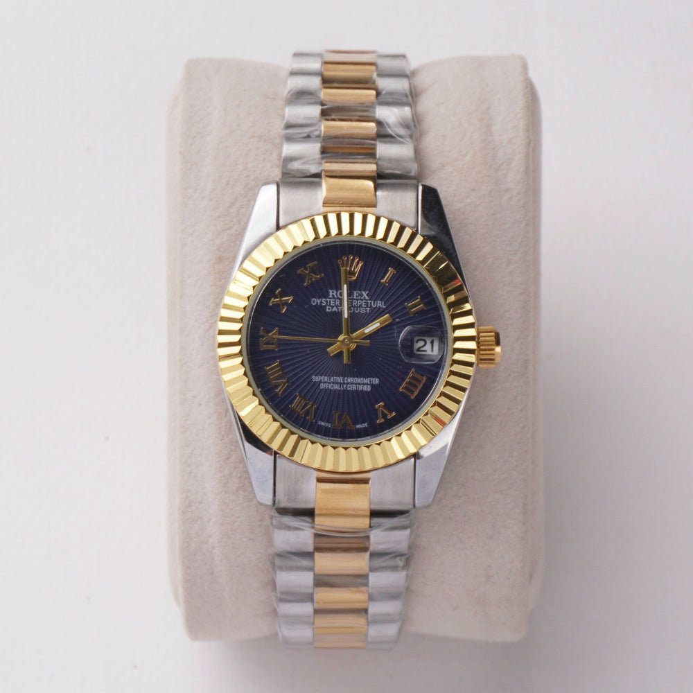 Two Tone Women's Chain Wrist Watch Blue Dial