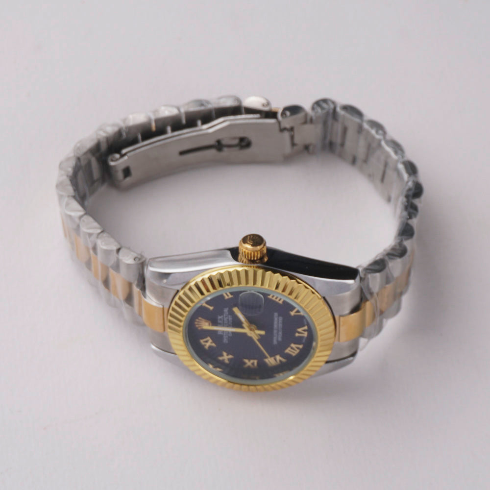 Two Tone Women's Chain Wrist Watch Blue Dial