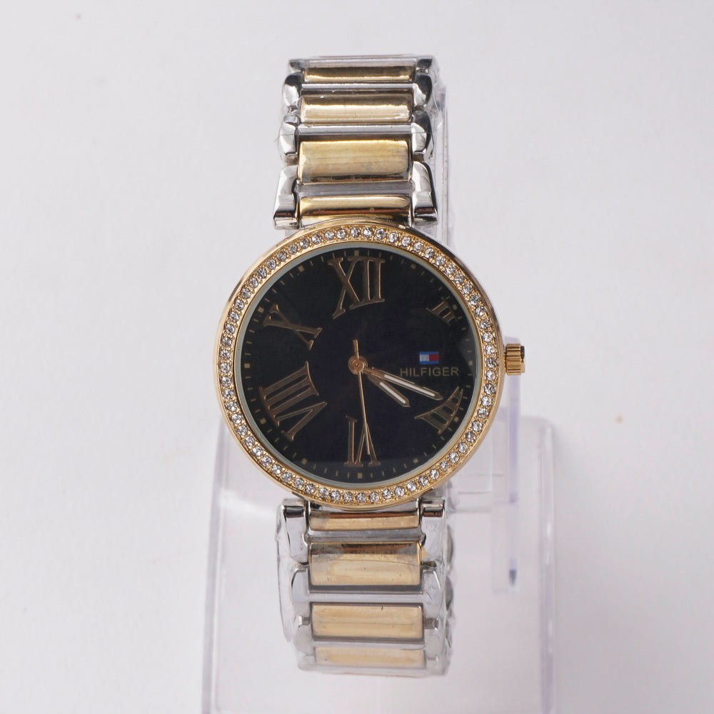 Two Tone Women Stylish Chain Wrist Watch Golden-B