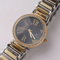 Two Tone Women Stylish Chain Wrist Watch Golden-B