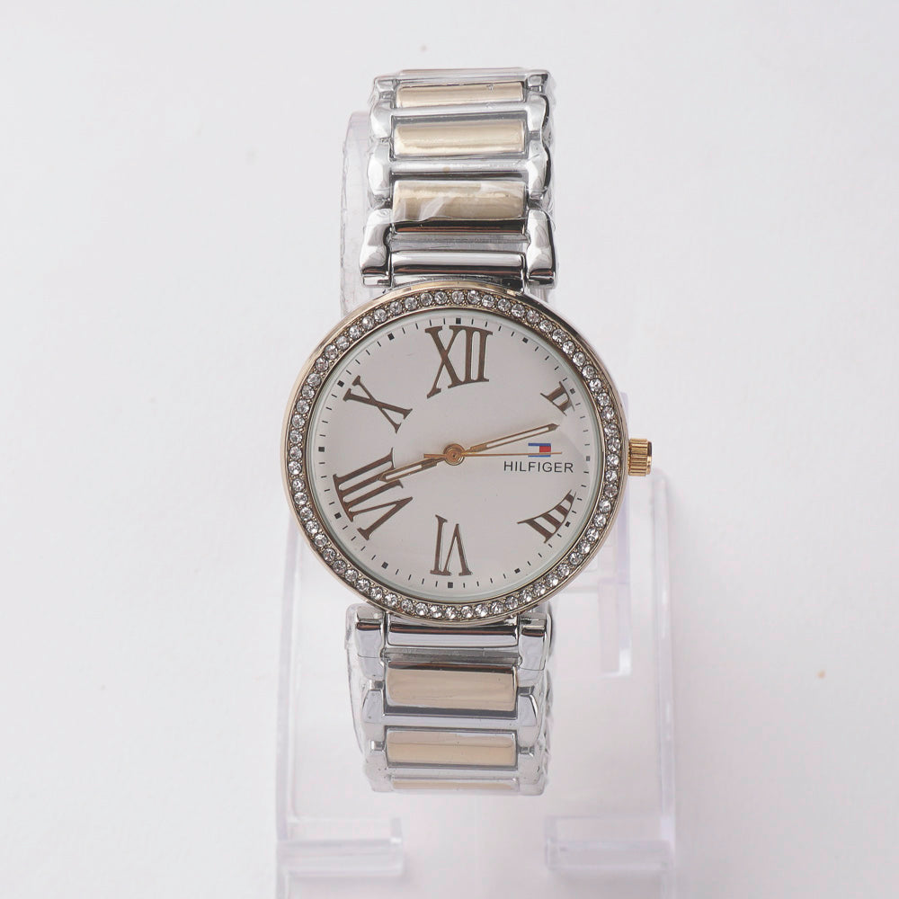 Two Tone Women Stylish Chain Wrist Watch Golden-White