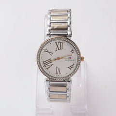 Two Tone Women Stylish Chain Wrist Watch Golden-White