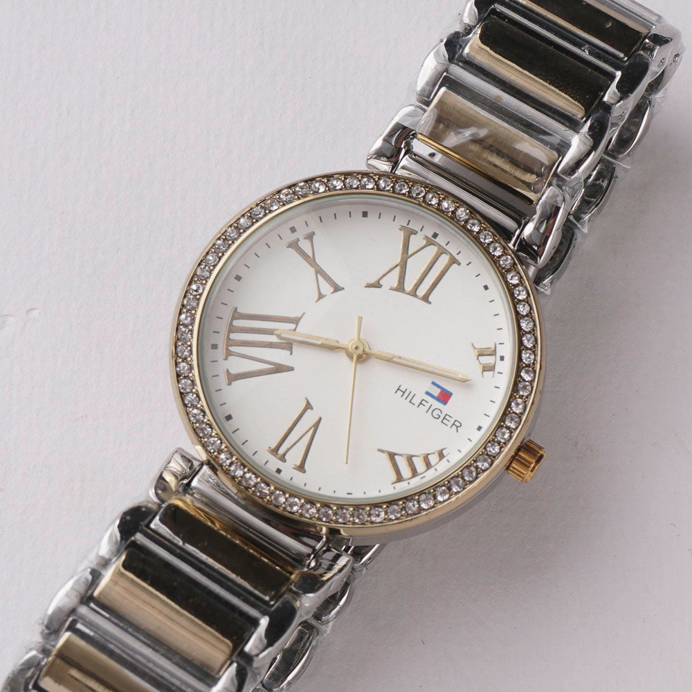 Two Tone Women Stylish Chain Wrist Watch Golden-White