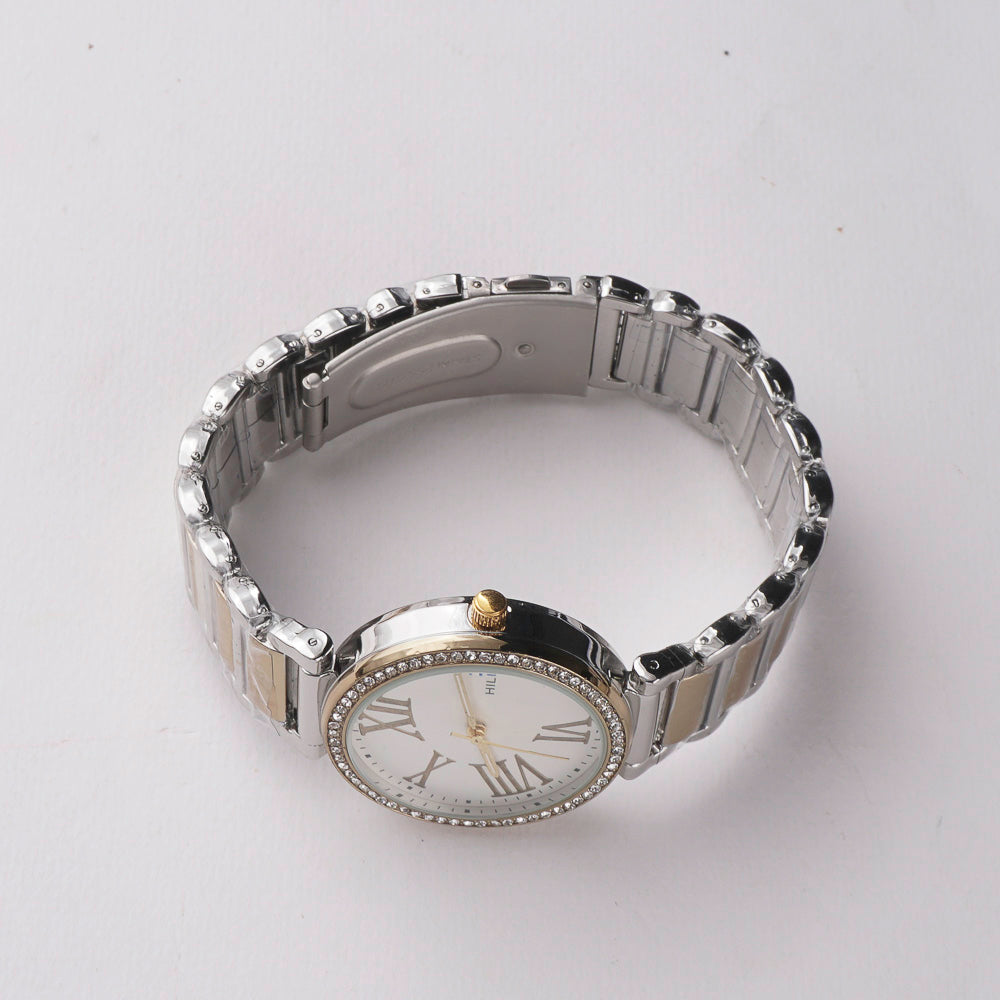 Two Tone Women Stylish Chain Wrist Watch Golden-White