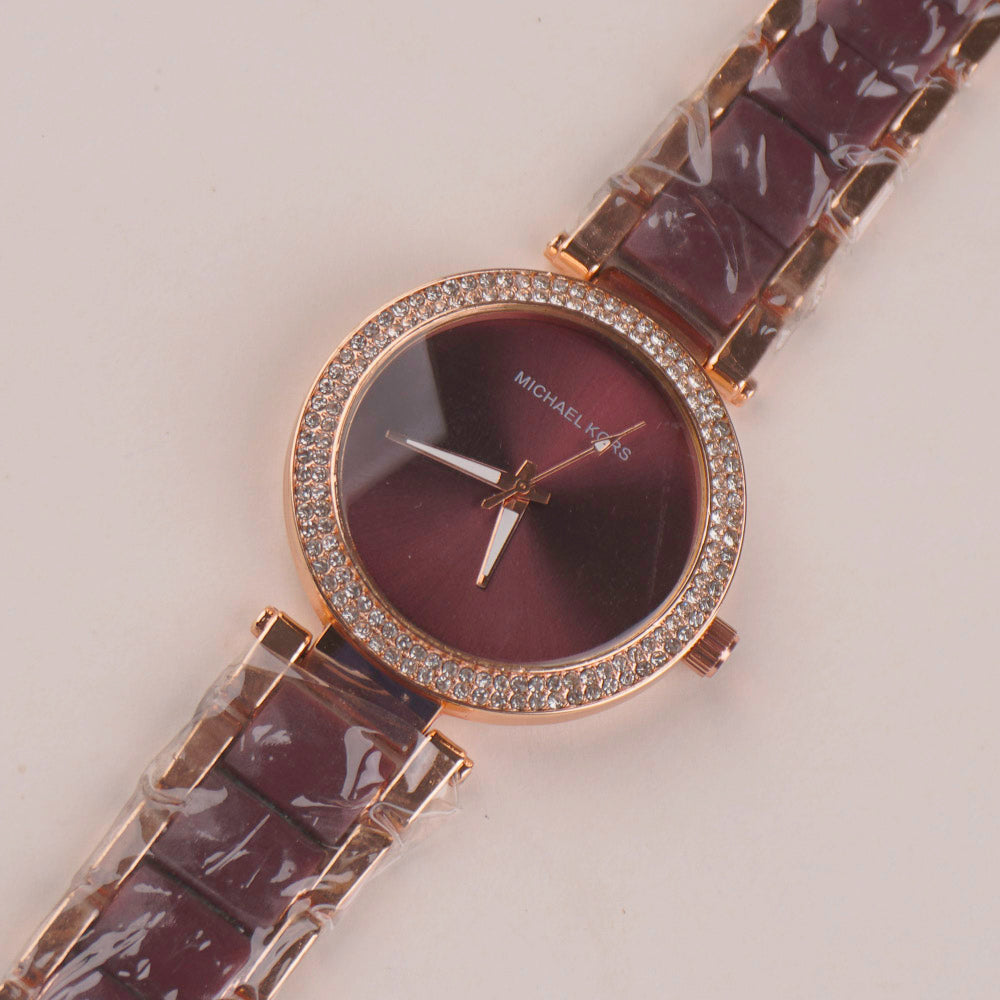 Women Chain Wrist Watch Plain Design Rosegold Brown