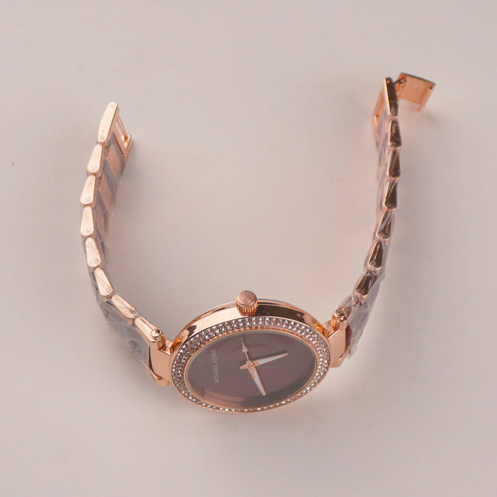 Women Chain Wrist Watch Plain Design Rosegold Brown