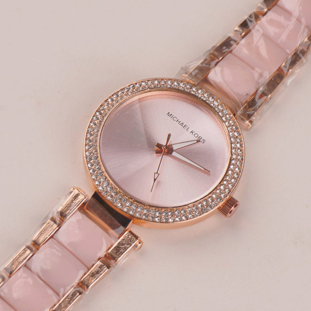 Women Chain Wrist Watch Plain Design Rosegold Pink