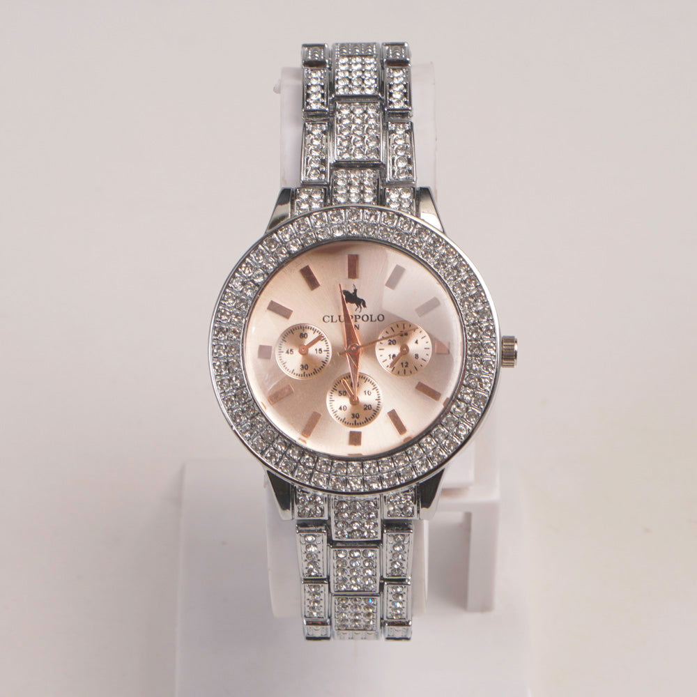 Woman Silver Chain Watch Pink Dial