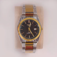 Two Tone Mans Chain Wrist Watch Black Dial