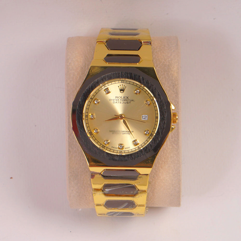 Two Tone Mans Chain Wrist Watch Golden Dial
