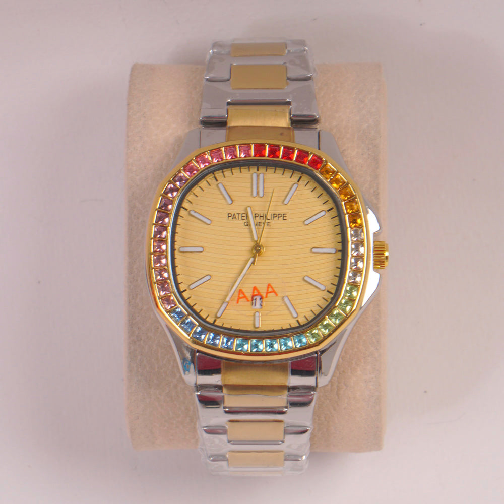 Two Tone Mans Chain Wrist Watch Golden Dial