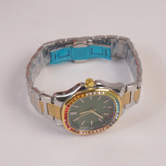 Two Tone Mans Chain Wrist Watch Green Dial