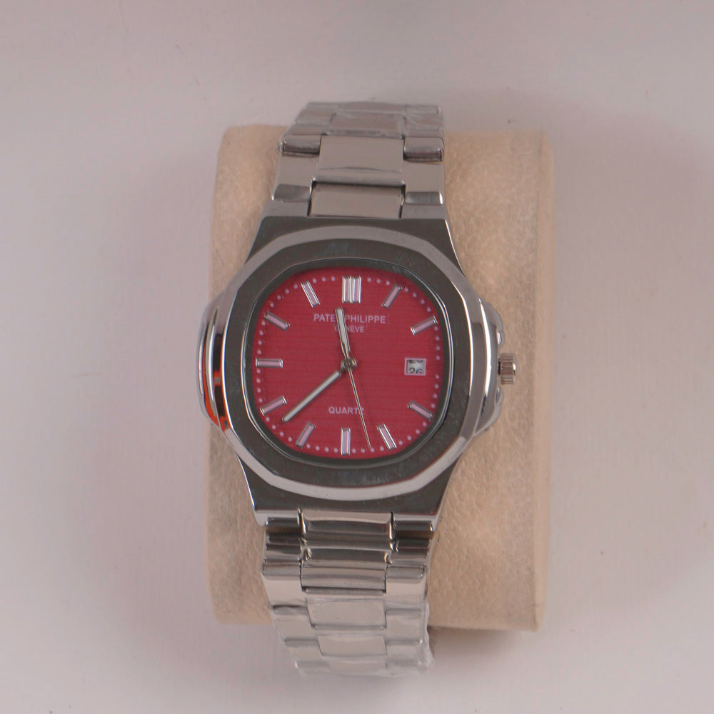 Mans Silver Chain Wrist Watch Red Dial