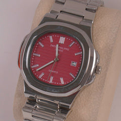 Mans Silver Chain Wrist Watch Red Dial