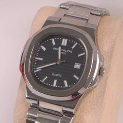 Mans Silver Chain Wrist Watch Black Dial