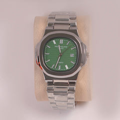 Mans Silver Chain Wrist Watch Green Dial