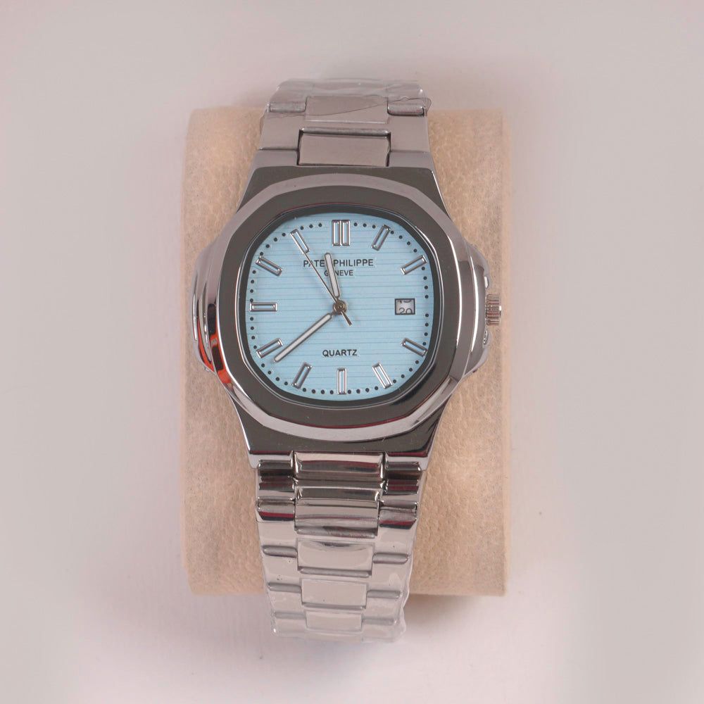 Mans Silver Chain Wrist Watch Cyan Dial