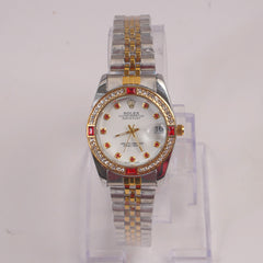 Two Tone Silver Chain Womans Watch Red