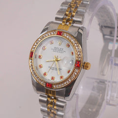 Two Tone Silver Chain Womans Watch Red