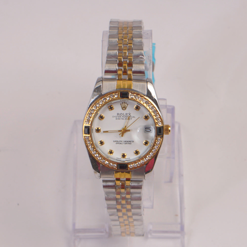 Two Tone Silver Chain Womans Watch Black