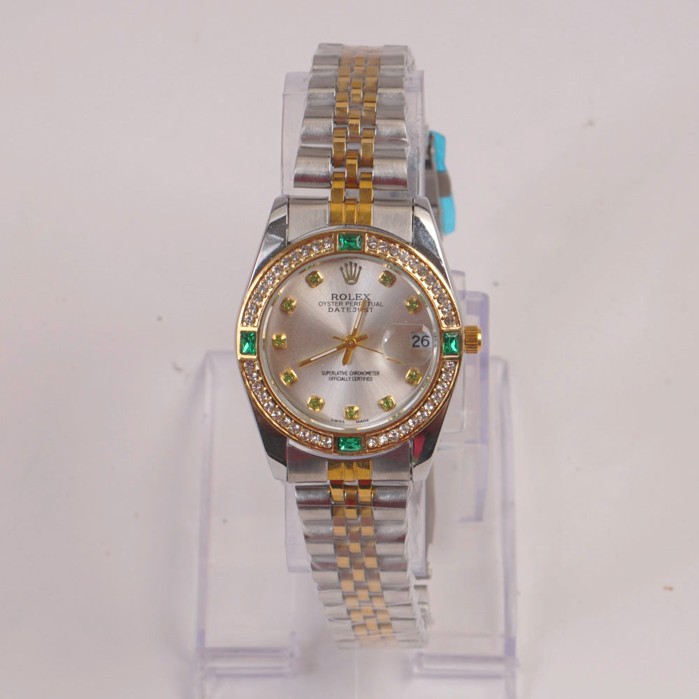 Two Tone Silver Chain Womans Watch Green