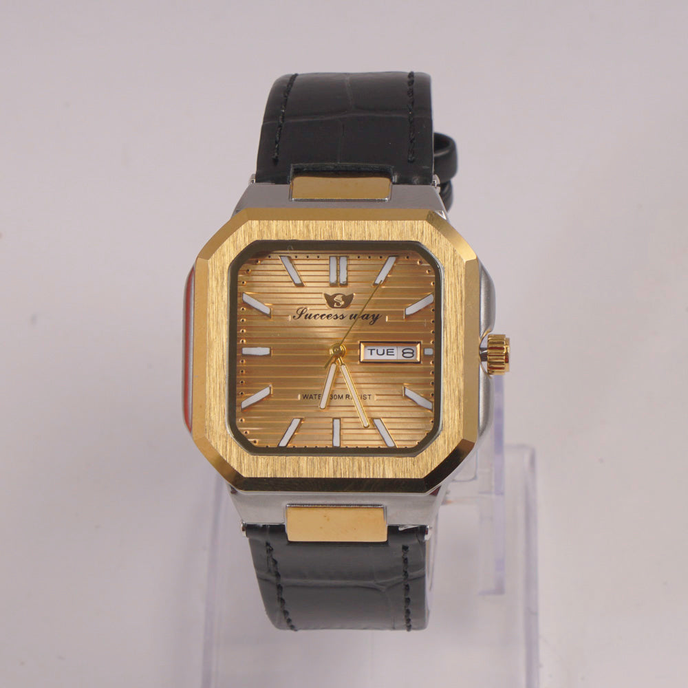 Man's Wrist Watch Golden Dial with Black Straps