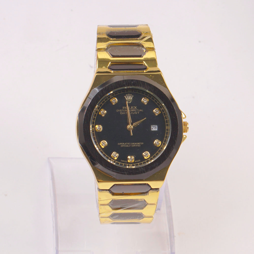 Two Tone Mans Chain Wrist Watch Black Dial
