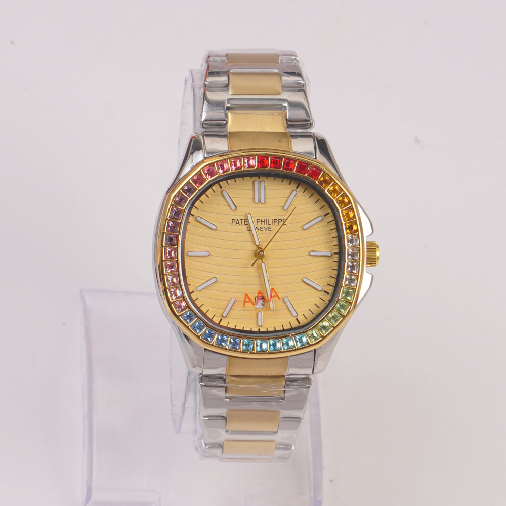 Two Tone Mans Chain Wrist Watch Golden Dial