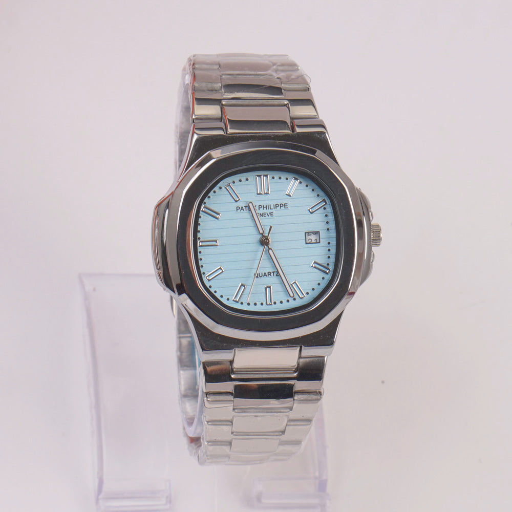 Mans Silver Chain Wrist Watch Cyan Dial