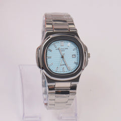Mans Silver Chain Wrist Watch Cyan Dial