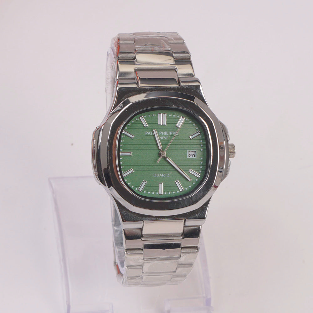 Mans Silver Chain Wrist Watch Green Dial