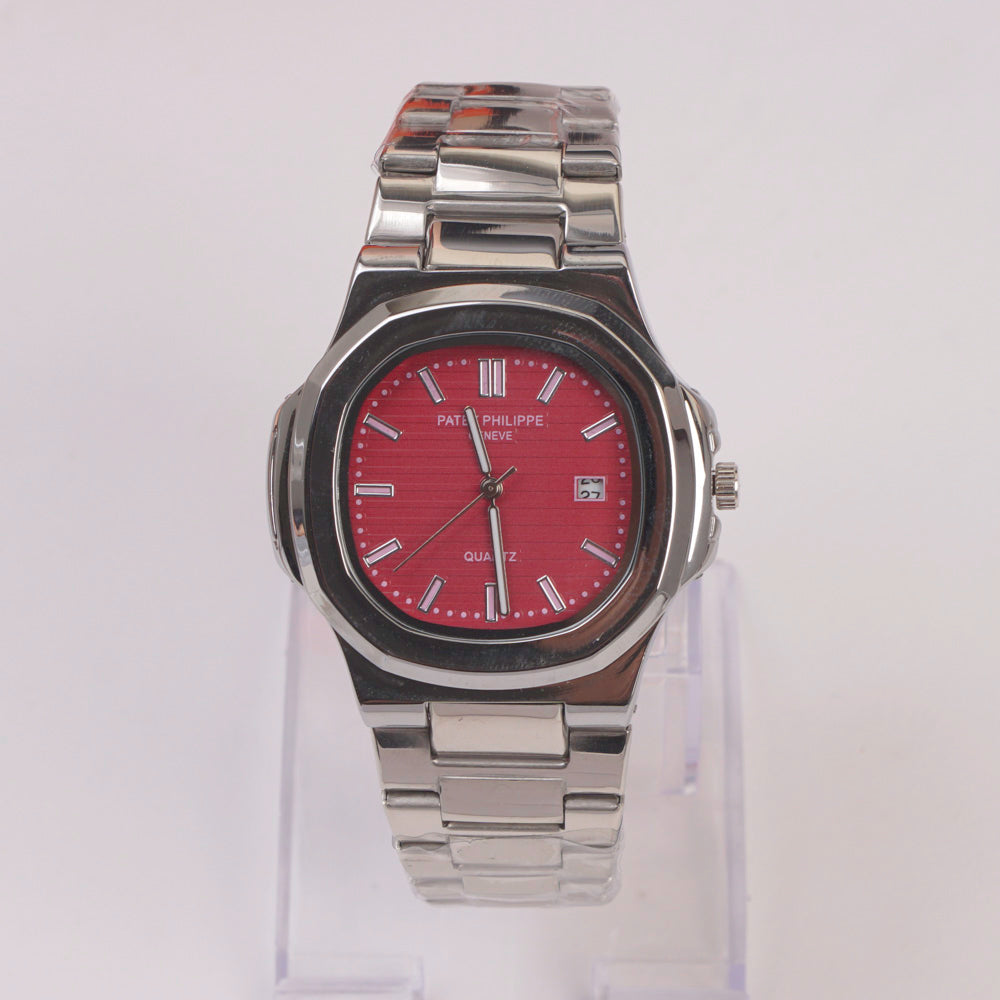 Mans Silver Chain Wrist Watch Red Dial