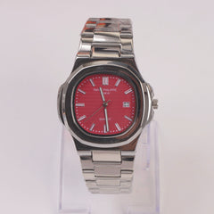 Mans Silver Chain Wrist Watch Red Dial
