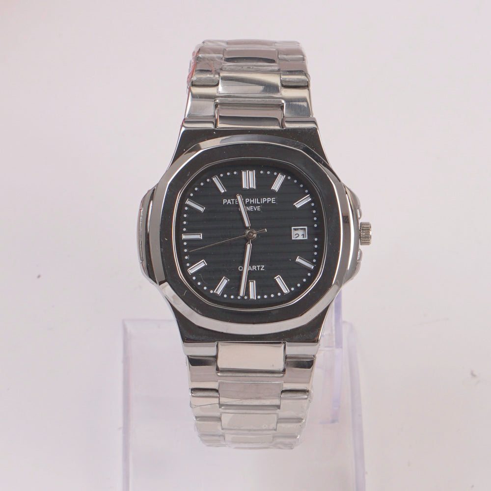 Mans Silver Chain Wrist Watch Black Dial