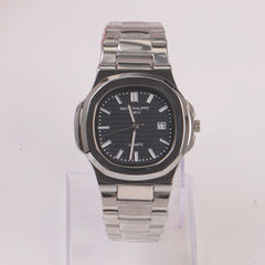 Mans Silver Chain Wrist Watch Black Dial