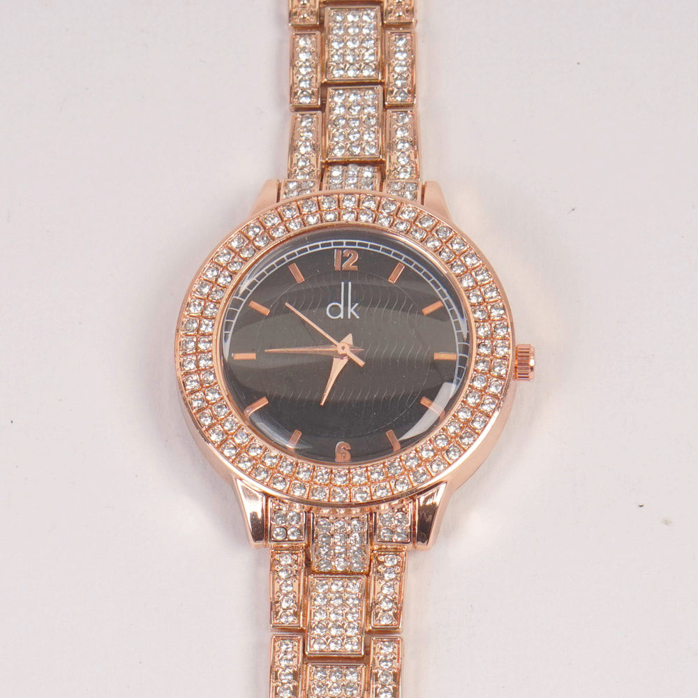 Woman Rosgold Chain Watch Black Dial Stone