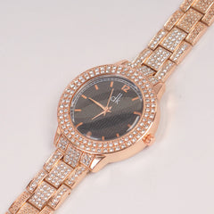 Woman Rosgold Chain Watch Black Dial Stone