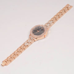 Woman Rosgold Chain Watch Black Dial Stone