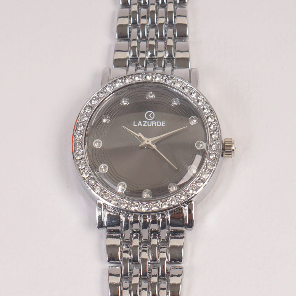 Woman Silver Chain Watch Black Dial Stone