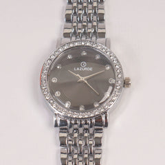 Woman Silver Chain Watch Black Dial Stone